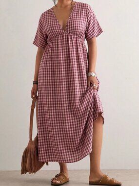 Burgundy Cute Women's Plus Size Loose Casual Plaid Dress